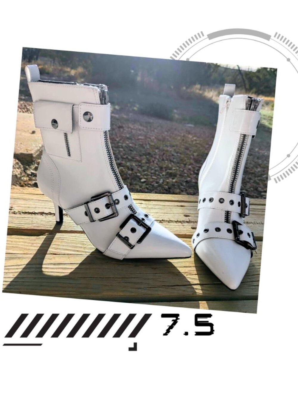 Wild Pair Moonbeam White Buckle Zip Ankle Boot Heels 7.5 Cyberpunk Festival Club